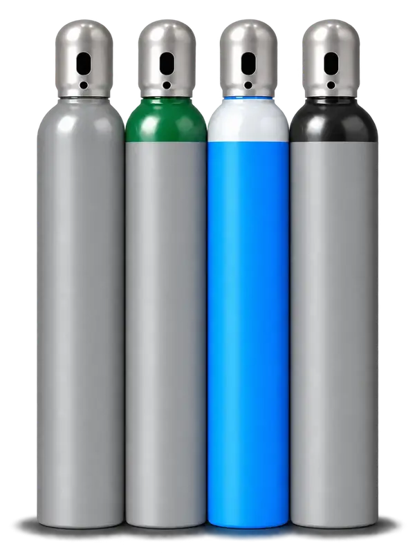 Cztery butle do gazów technicznych: CO₂, argon, tlen i azot